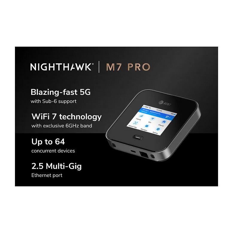 NETGEAR Nighthawk M7 Pro 5G Hotspot Mobil, Wi-Fi 7 BE5800 deri 5.8Gbps, 5G deri 6Gbps, Tri-Band 2.4GHz + 5GHz + 6GHz, deri 64 Pajisje, 2.5GbE, Bateri 5040mAh – E zezë - 2
