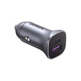 Adapter telefoni për veturë Ugreen CD130 / USB-C + USB-A / 30W / Power Delivery 3.0 / Quick Charge 3.0 / LED – Hiri