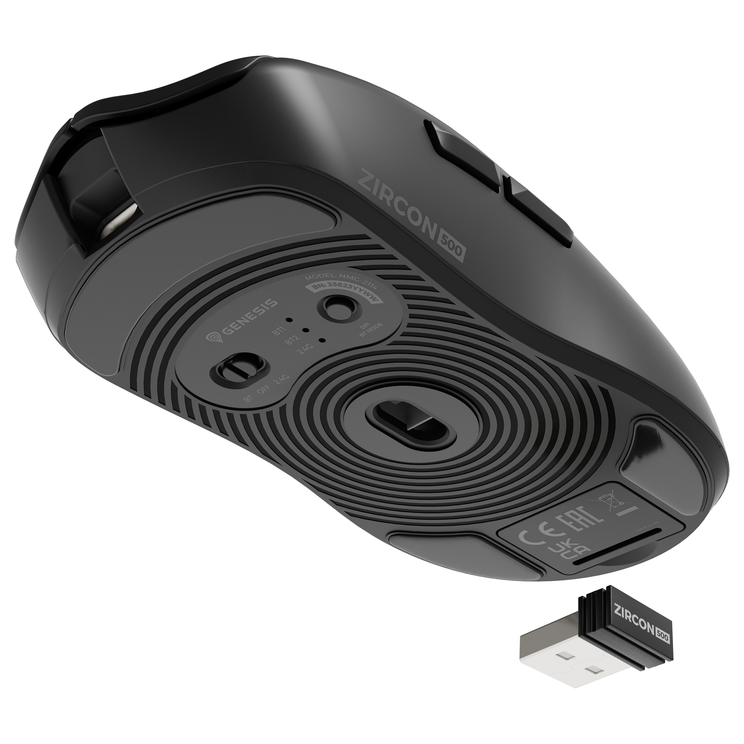 Maus Gaming Genesis Zircon 500 / Wireless / PixArt PMW3325 / 10.000 DPI / 6 Butona / 2.4 GHz / Bluetooth 5.0 / USB-C - Zezë - 2