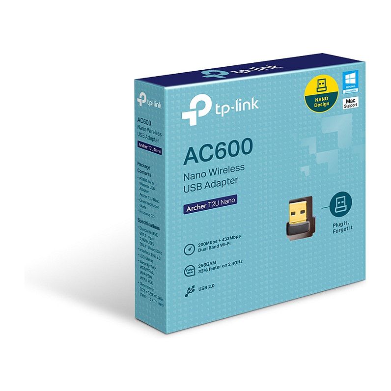 Adapter WiFi USB TP-Link Archer T2U Nano – AC600 Dual Band / 2.4GHz + 5GHz / USB 2.0 / 600Mbps – e zezë - 1