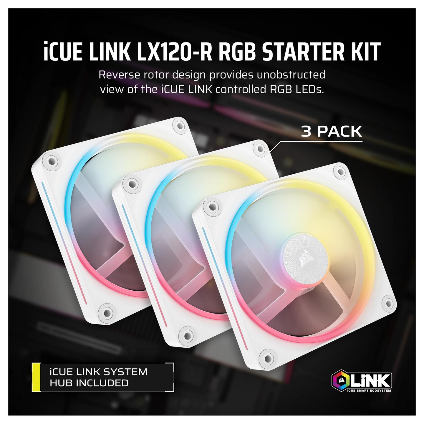 Ftohës për Kasë CORSAIR iCUE LINK LX120-R RGB / 120mm / Reverse / PWM / 2400 RPM / 66.7 CFM / 4.72 mmH₂O / 18 LED / 3-Pack – Bardhë - 4