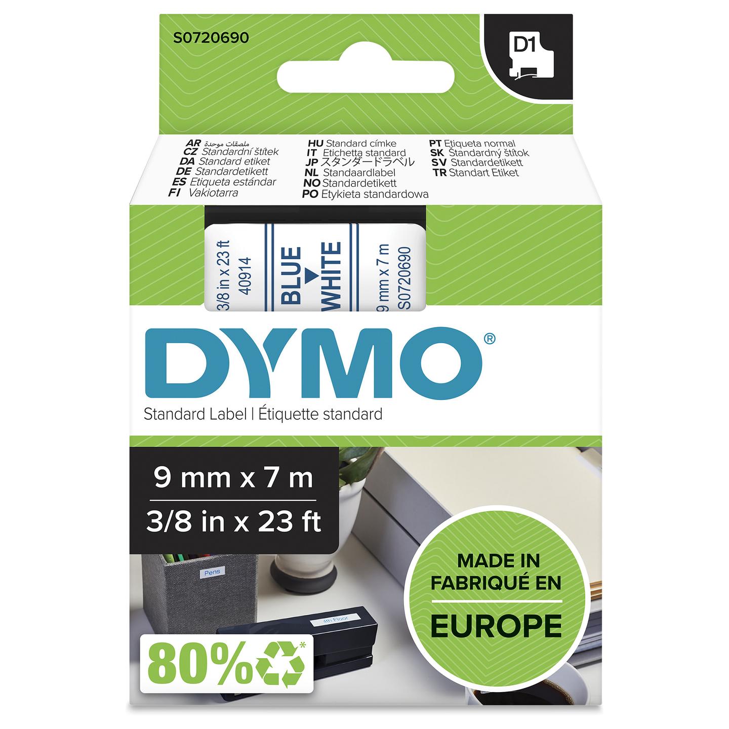 Shirit Dymo D1 40914, 9 mm x 7 m, për LabelManager, LabelPoint - Blu/Bardhë