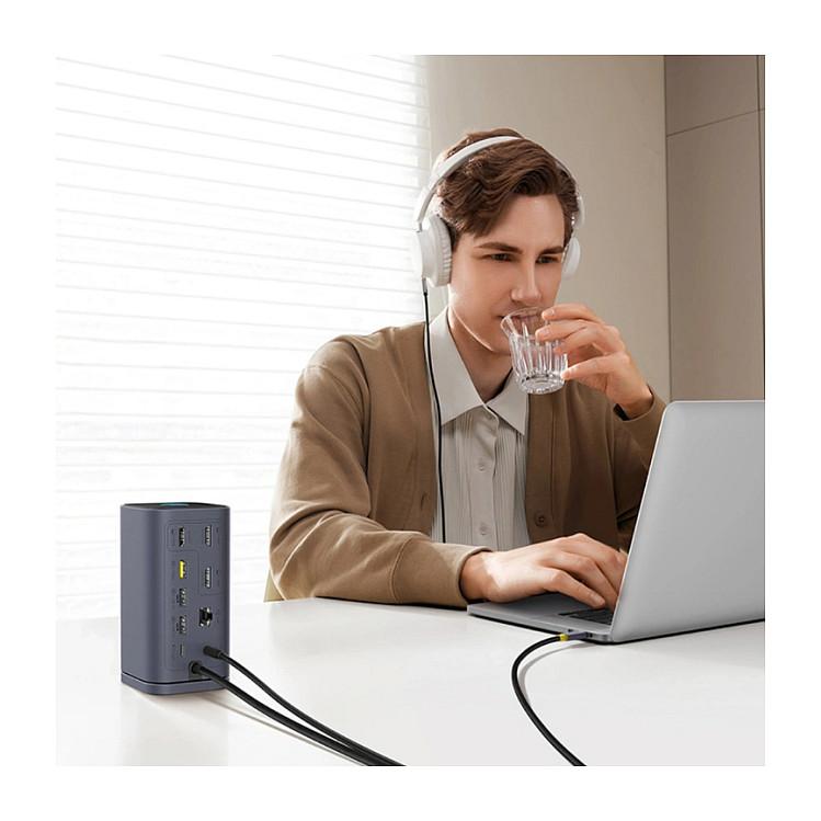 Docking Station Baseus Spacemate / 11-në-1 / 3x HDMI + DisplayPort 1.4 / 2x USB-A 3.2 Gen 1 / USB-C 5Gbps / 2x USB 2.0 / Gigabit Ethernet / 3.5mm Audio / USB-C PD 100 W – Hiri - 7