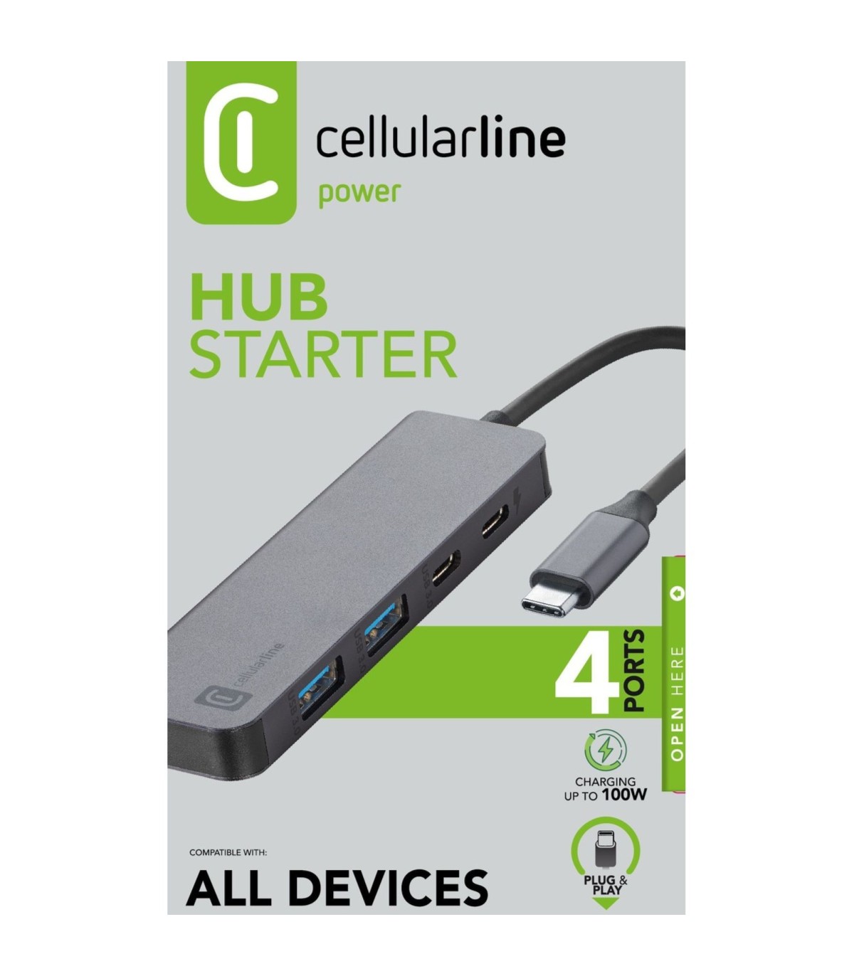 HUB Cellularline 4‑Port / USB‑C Connector – Gri