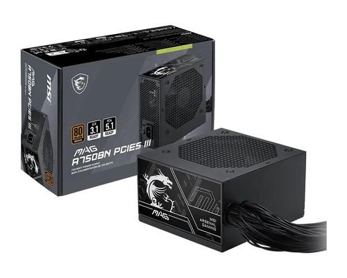Furnizues Energjie MSI MAG A750BN PCIE5 III, 750W, 80 PLUS Bronze, ATX 3.1, PCIe 5.1, 12V-2x6, 120mm Fan – Zezë
