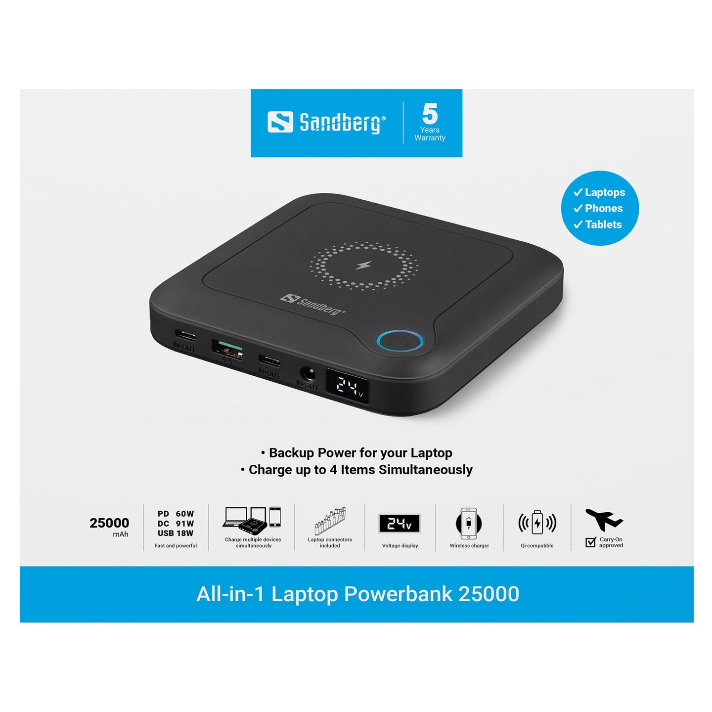 Powerbank Sandberg All-in-1 Laptop / 25000mAh / PD 60W / DC 91W / Wireless 15W - Zezë - 9