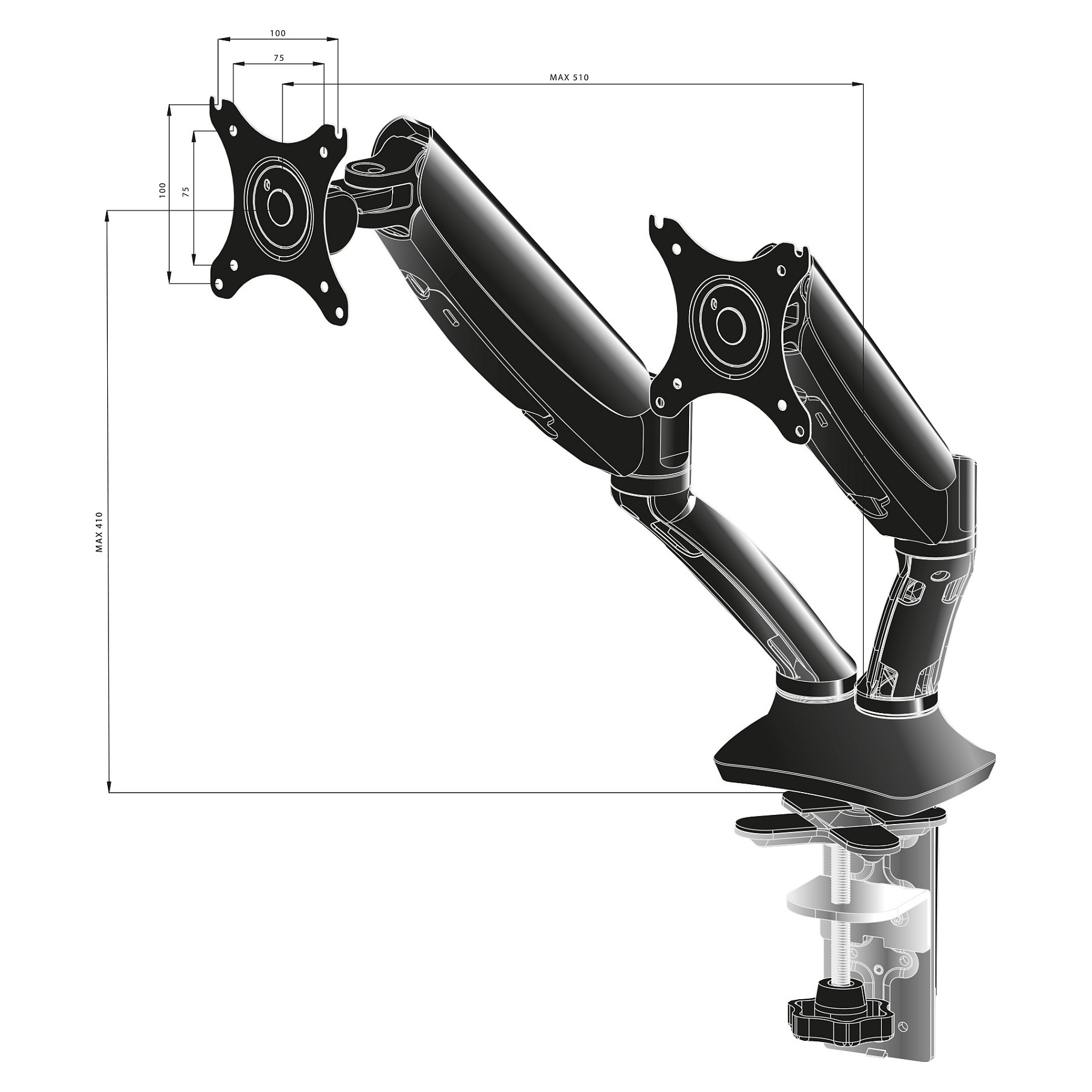 Mbajtëse për Monitor IIYAMA / Table Clamp Duo / 100x100 - Zezë - 12