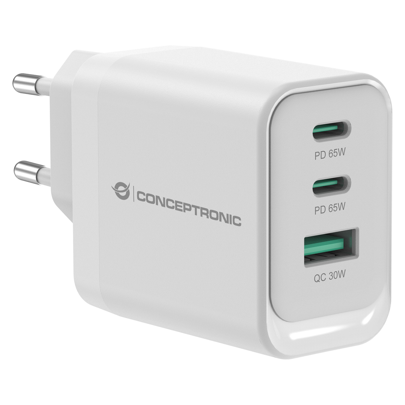 Adapter Conceptronic ALTHEA21W65 / 65W / 2x USB-C + USB-A / GaN / PD 3.0 + QC 3.0 - Bardhë