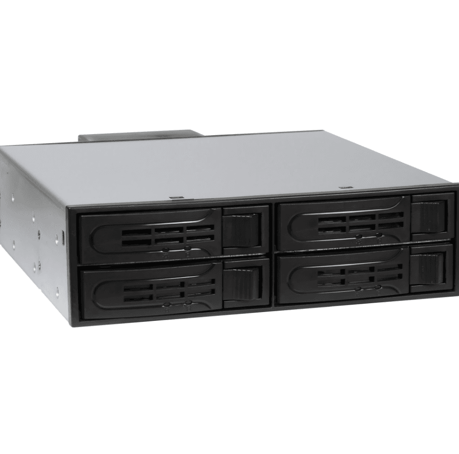 Këllëf për Disqe Inter-Tech ST-5244, 4x 2.5", SATA, SAS, NVMe, montim në hapësirë 5.25", ventilator 40mm - Zezë dhe argjend - 3