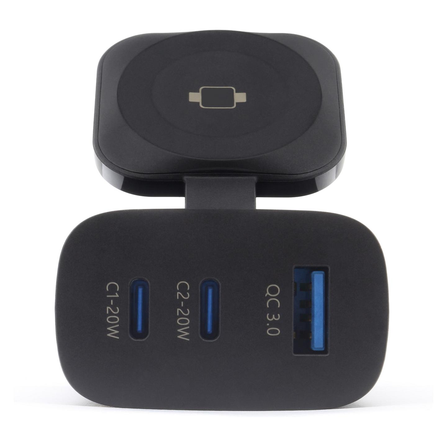 Karikues RealPower PC-43 Watch / 43W / 2x USB-C + USB-A / Karikim Wireless për Smartwatch – Zezë - 2
