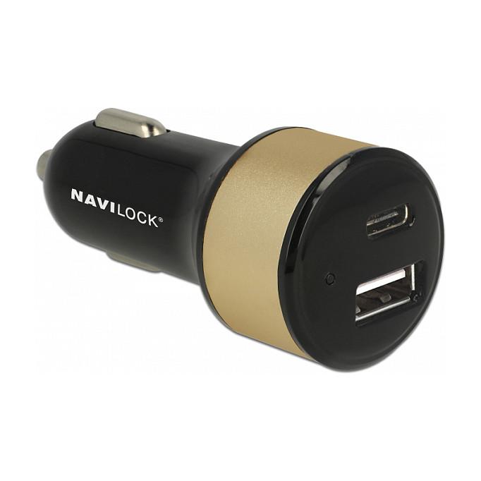 Adapter për Vetura Navilock 63069 / USB-C 27W / USB-A 5W - Zezë