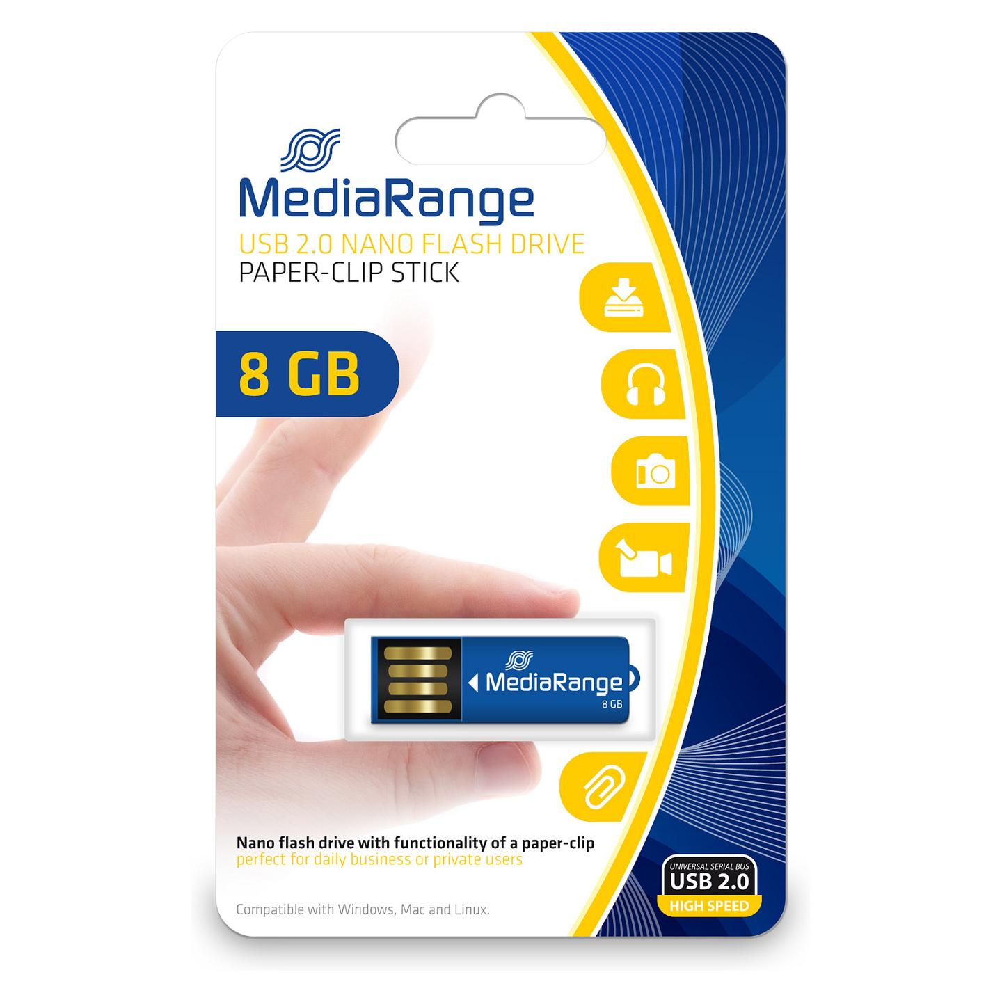 USB Flash Drive MediaRange MR975 / 8GB / USB 2.0 / Paper-Clip - Blu
