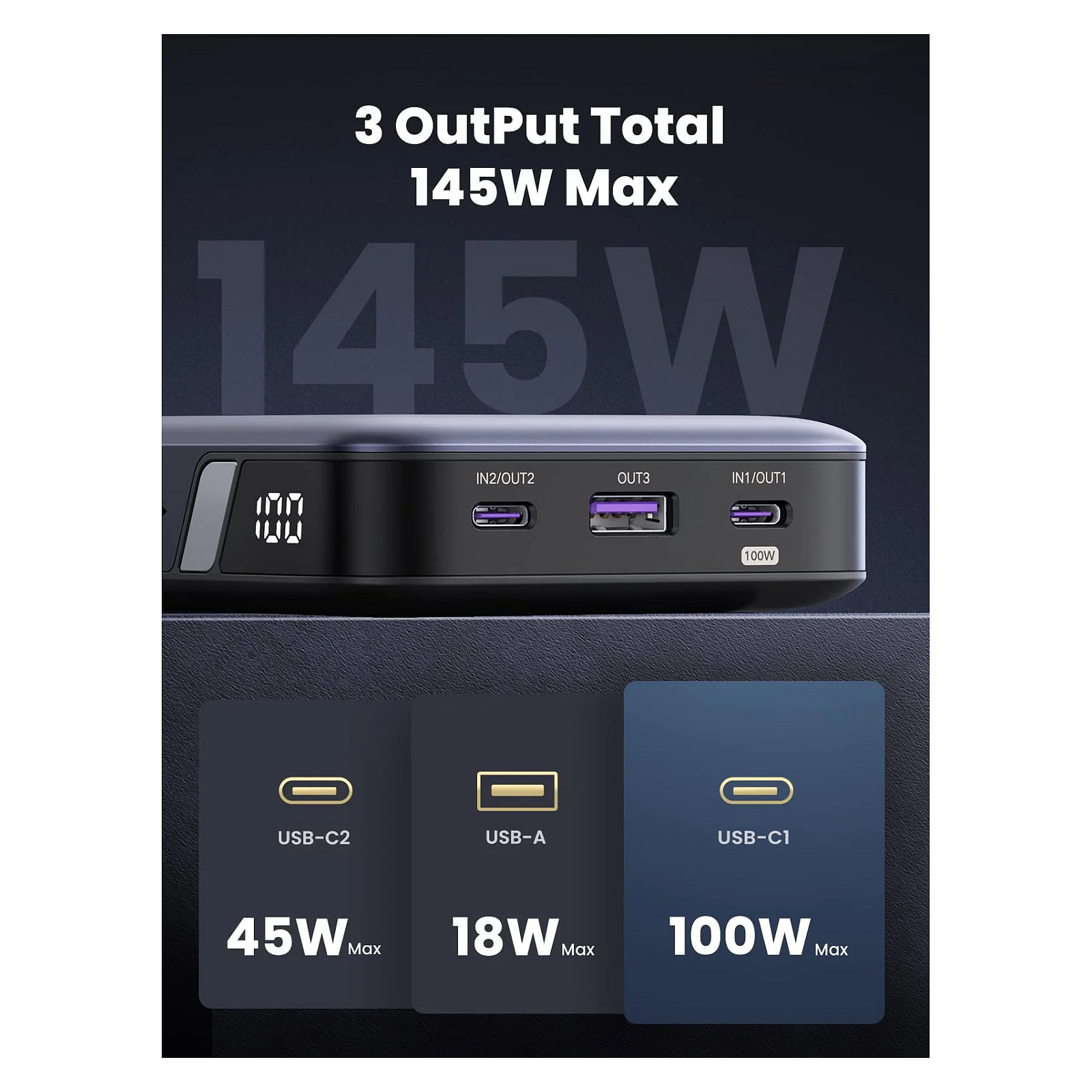 Powerbank Ugreen 25000mAh / 145W / Two‑Way Fast Charging - Gri - 2