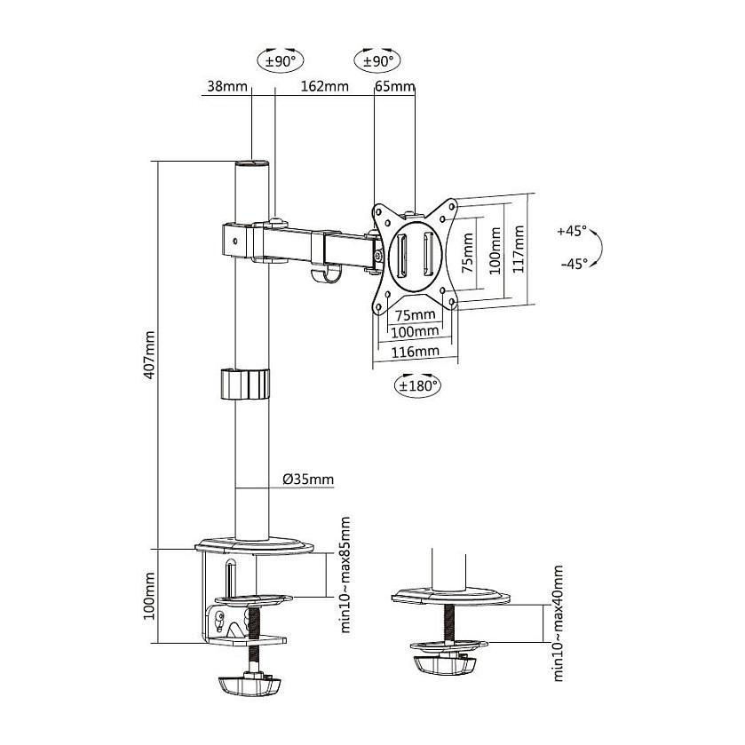 Mbajtëse për Monitor Equip 650156 , 1 Monitor , 17–32" , deri 9kg , e rregullueshme , e pjerrët , e rrotullueshme , VESA 75x75 & 100x100 - Zezë - 8