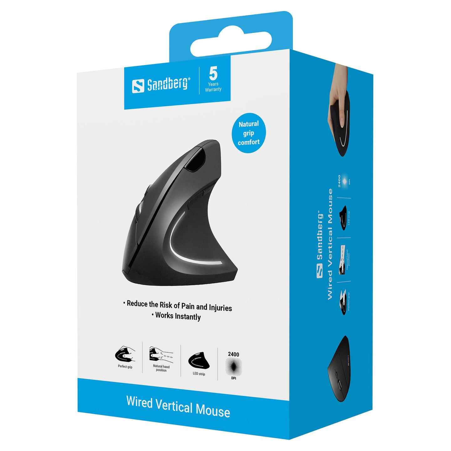 Maus me Kabllo Sandberg 630-14, Ergonomik Vertikal, USB-A, 800–2400 DPI, 6 Butona – Zezë - 10