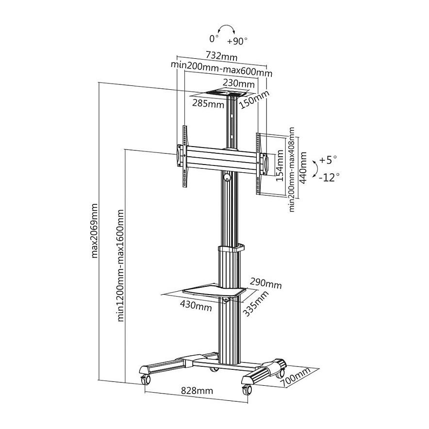Mbajtëse për TV ROLINE / 37″–70″ / deri në 50 kg / Lartësi të Rregullueshme / e Rrotullueshme / me Rrota - Argjend - 4