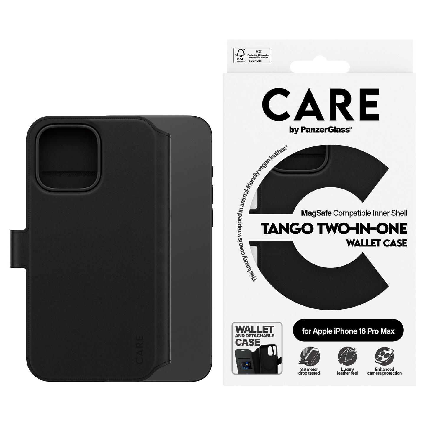 Case për Telefon CARE by PanzerGlass Tango 2-in-1 Wallet, iPhone 16 Pro Max, 4 Vende për Karta, MagSafe – Zezë - 2