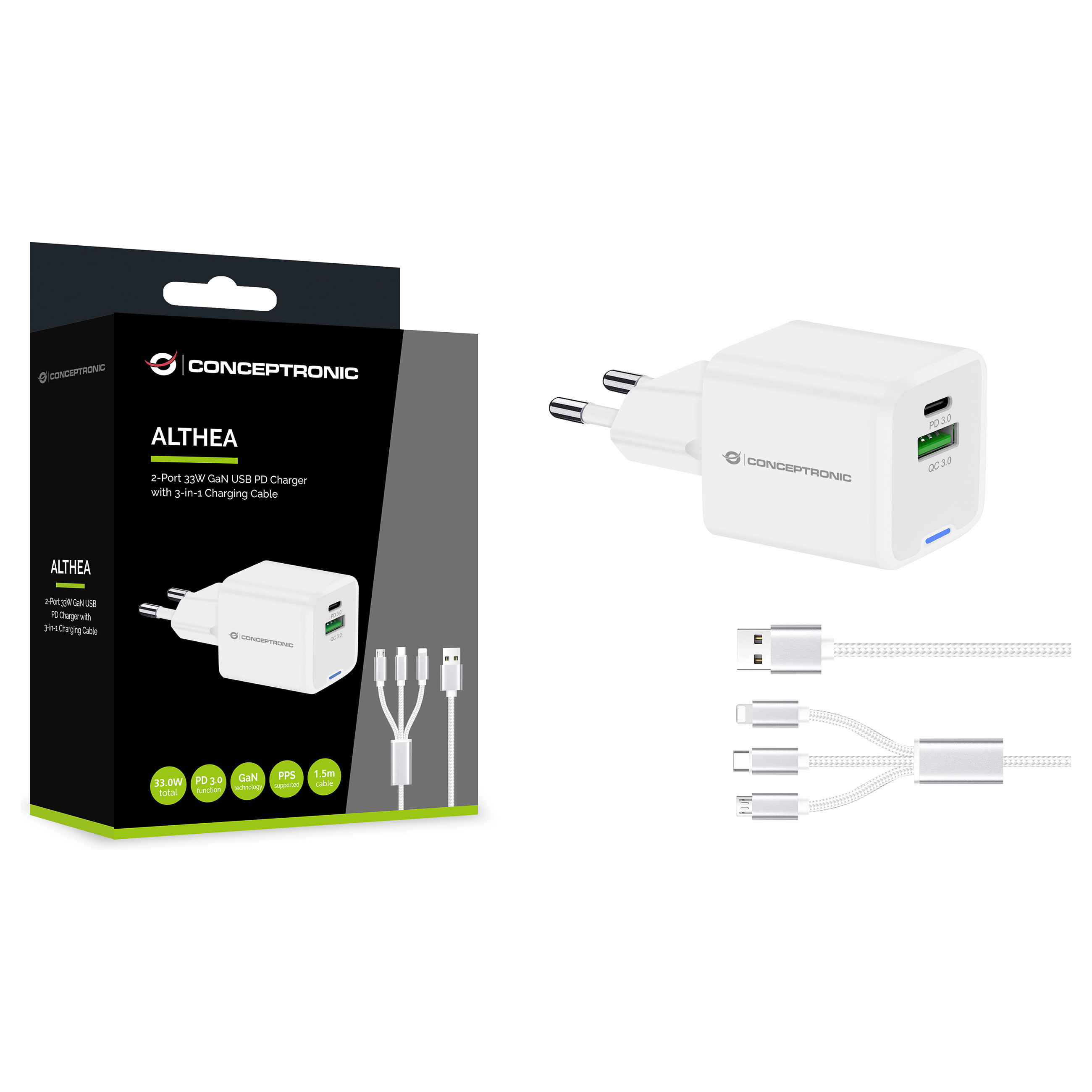 Adapter  Conceptronic 2-Port GaN Charger 3-in-1 / 33W / PD 3.0 / PPS – Bardhë - 4