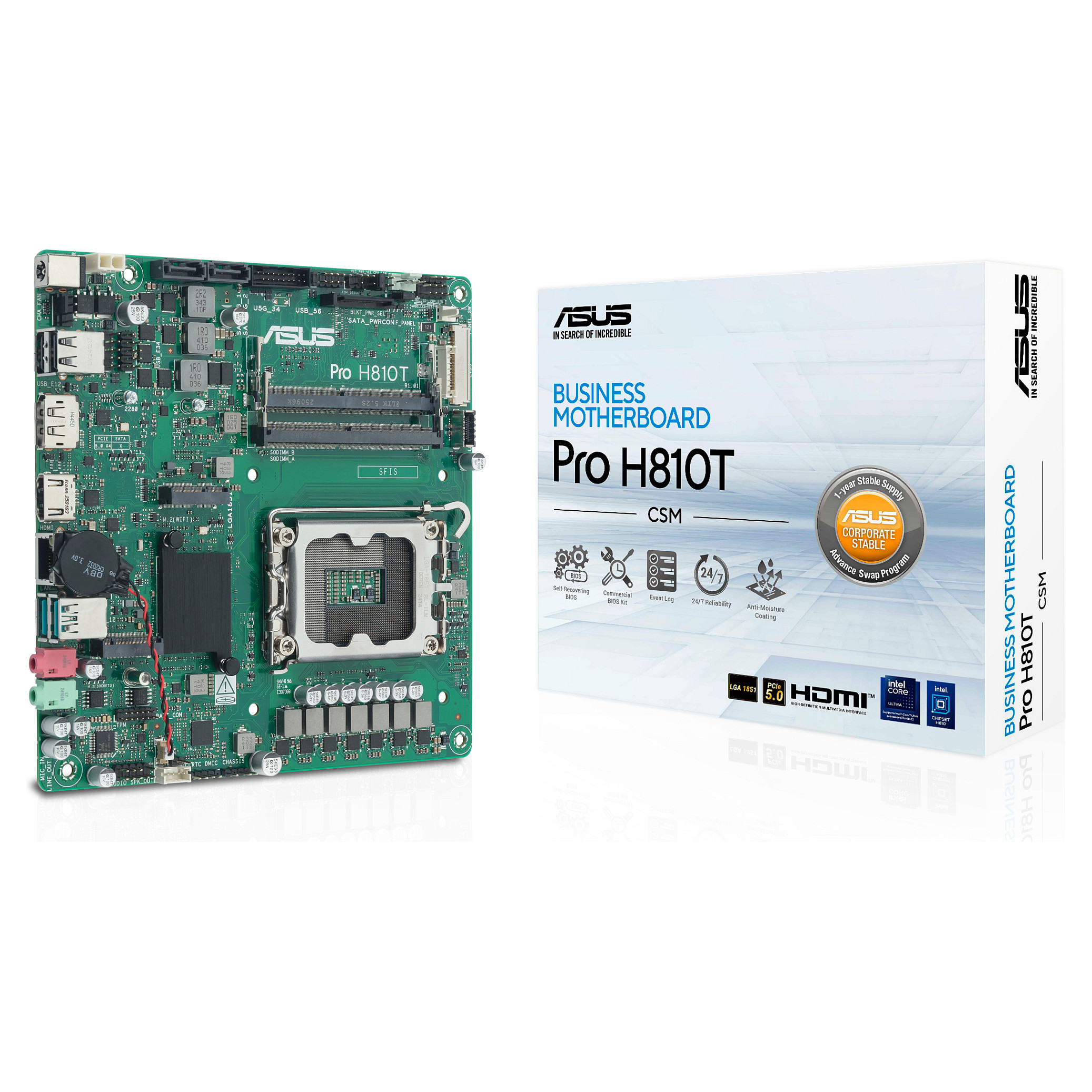 Pllakë Amë ASUS Pro H810T-CSM / Intel LGA1851 / H810 / DDR5 SO-DIMM / Thin Mini ITX / Gigabit LAN - 6