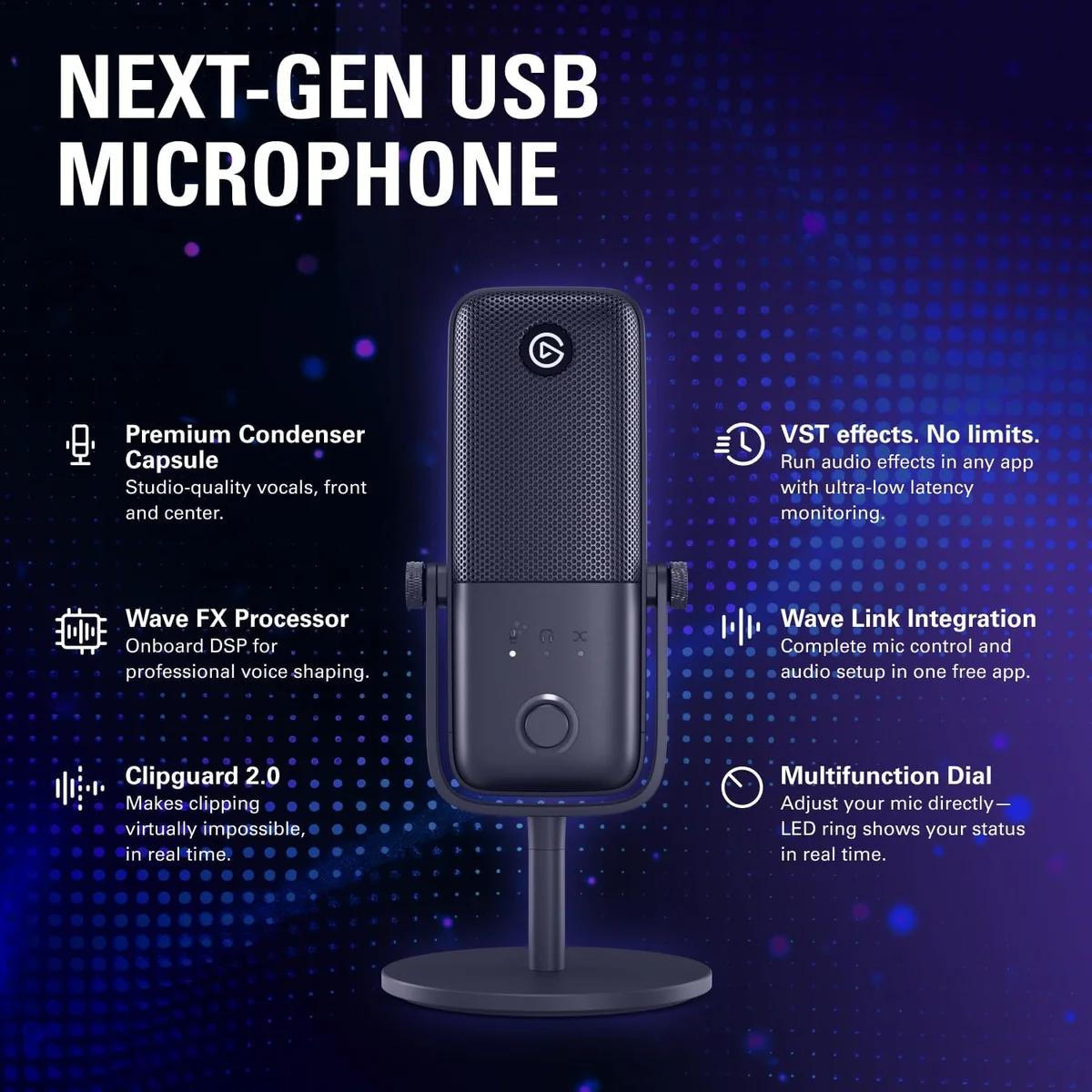 Mikrofon Elgato Wave:3 MK.2 / USB-C / Kondensator 16mm / 24-bit / 48kHz / Kardioid / 3.5mm - Zezë - 2