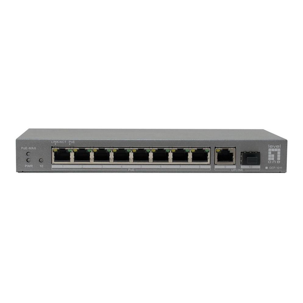 Switch LevelOne GEP-1011, 10 Porta Gigabit, 8x PoE+, 1x RJ-45 Uplink, 1x SFP, 120 W, 20 Gbps, Unmanaged - Hiri