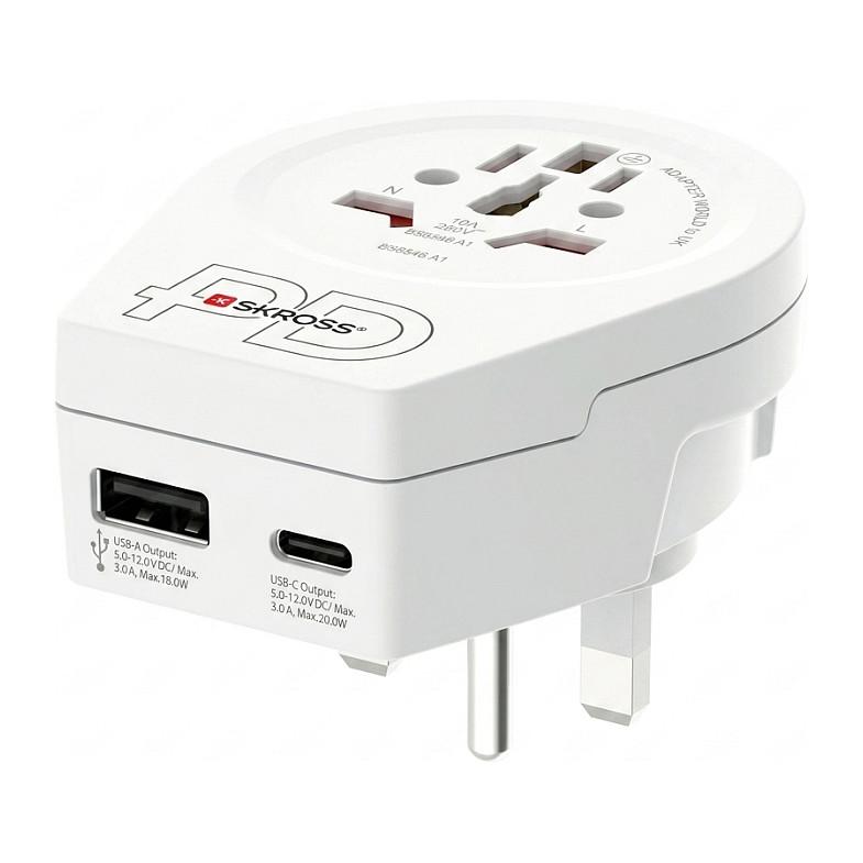 Adapter Udhëtimi SKROSS 1.500294-E / 1x USB-C PD 20W / 1x USB-A / Type A / 100-250V / 16A / Universal – Bardhë - 2