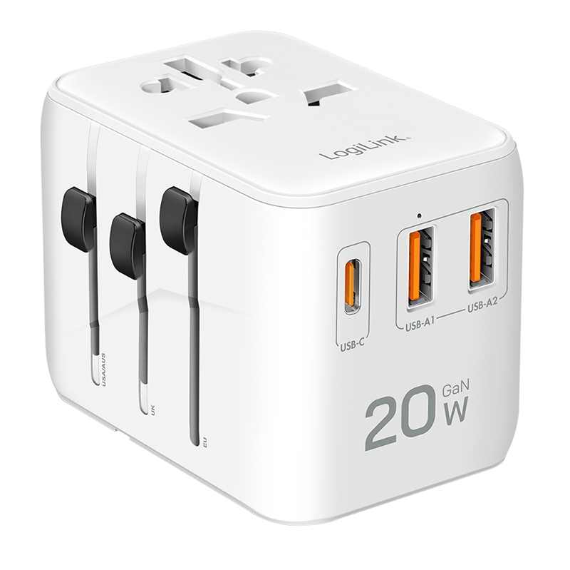 Adapter LogiLink PA0356 / 20W / GaN / 2x USB-A QC / 1x USB-C PD / Slim / Universal – Bardhë - 2