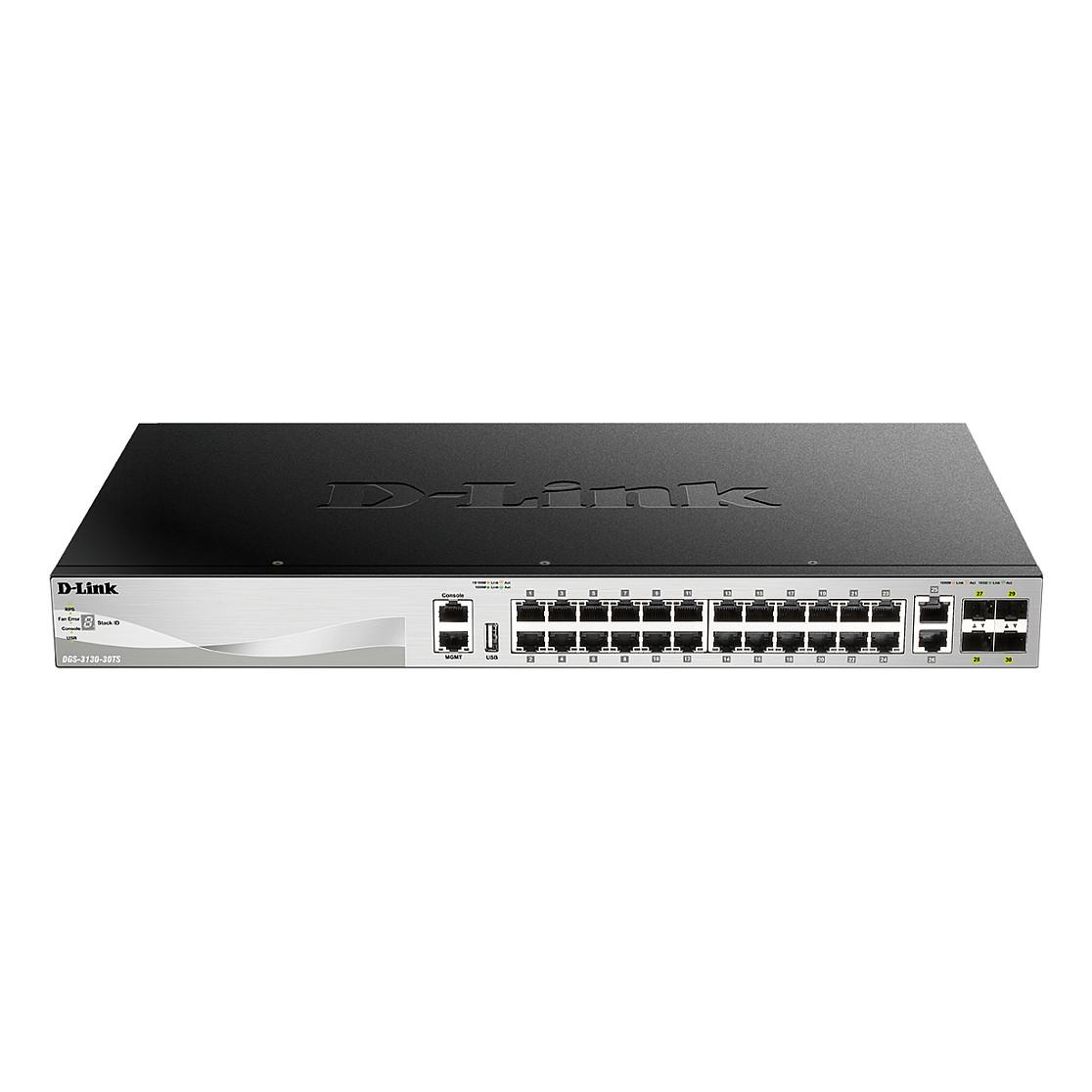 Switch D-Link DGS-3130-30TS/E, 24x Gigabit Ethernet RJ45, 2x 10GBASE-T, 4x 10G SFP+, Switching Capacity 168Gbps, Layer 3 Managed, Stackable, Rackmount 1U - Zezë/Hiri - 1