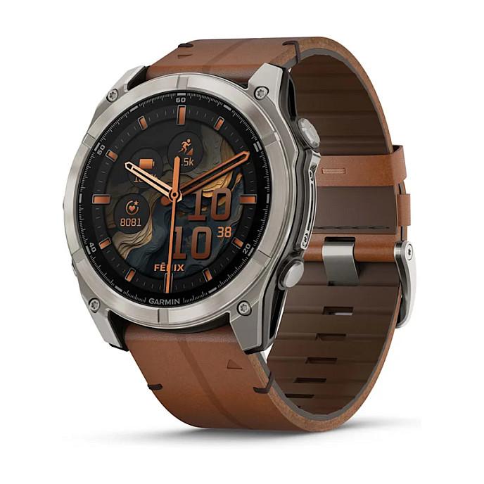 Orë e Mençur Garmin fēnix 8, 51mm, AMOLED, Sapphire, GPS, Titan, Rrip Lëkure - Hiri/Kafe