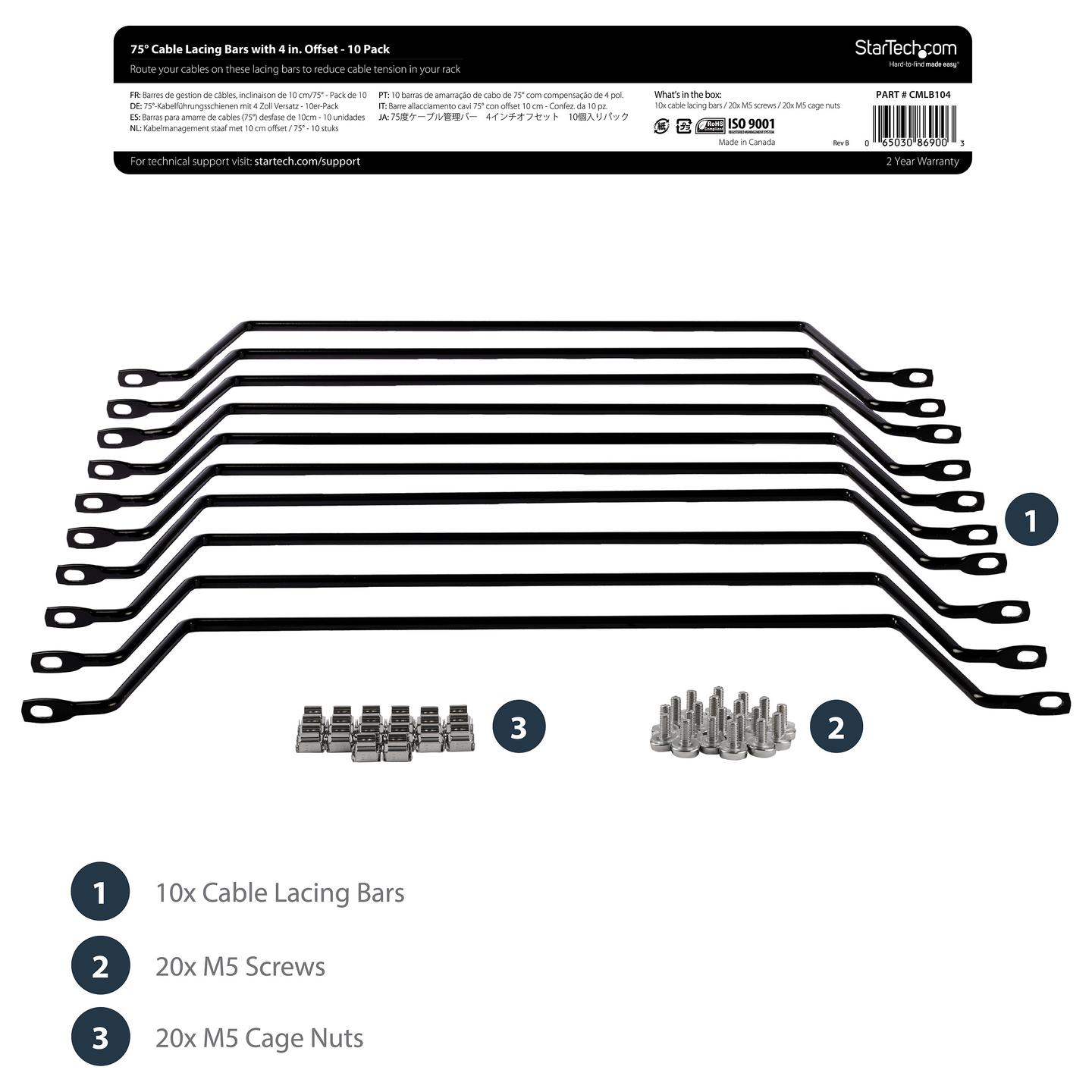 Organizues Kabllosh për Rack StarTech.com CMLB104, 19", 1U, 10 Copë, Offset 10cm, 75°, Çelik - Zezë - 7