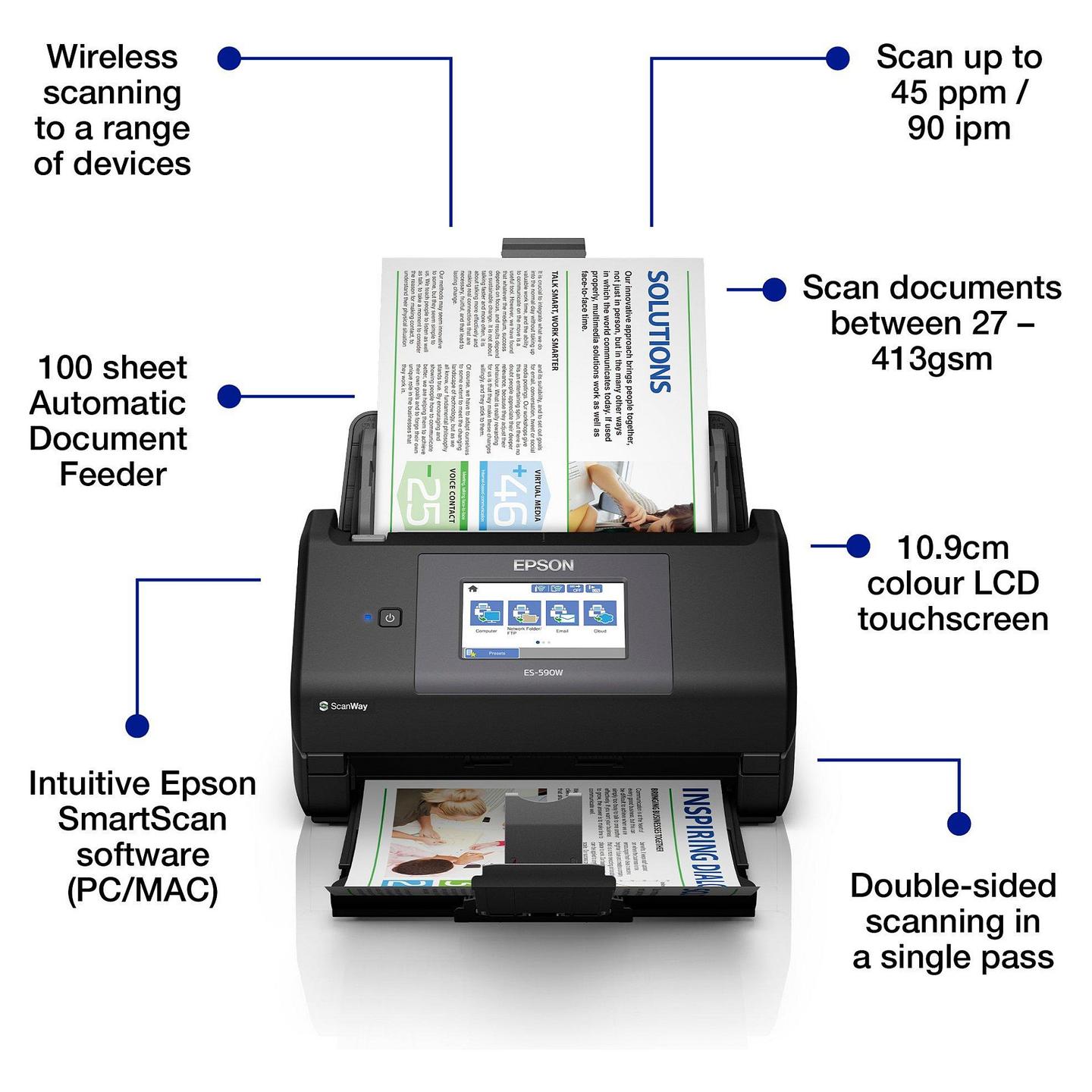 Skaner Epson WorkForce ES-590W / A4 / CIS / 600 × 600 DPI / Duplex / 45 ppm / 90 ipm / ADF 100 Fletë / Wi-Fi / USB 3.2 - Zezë - 2