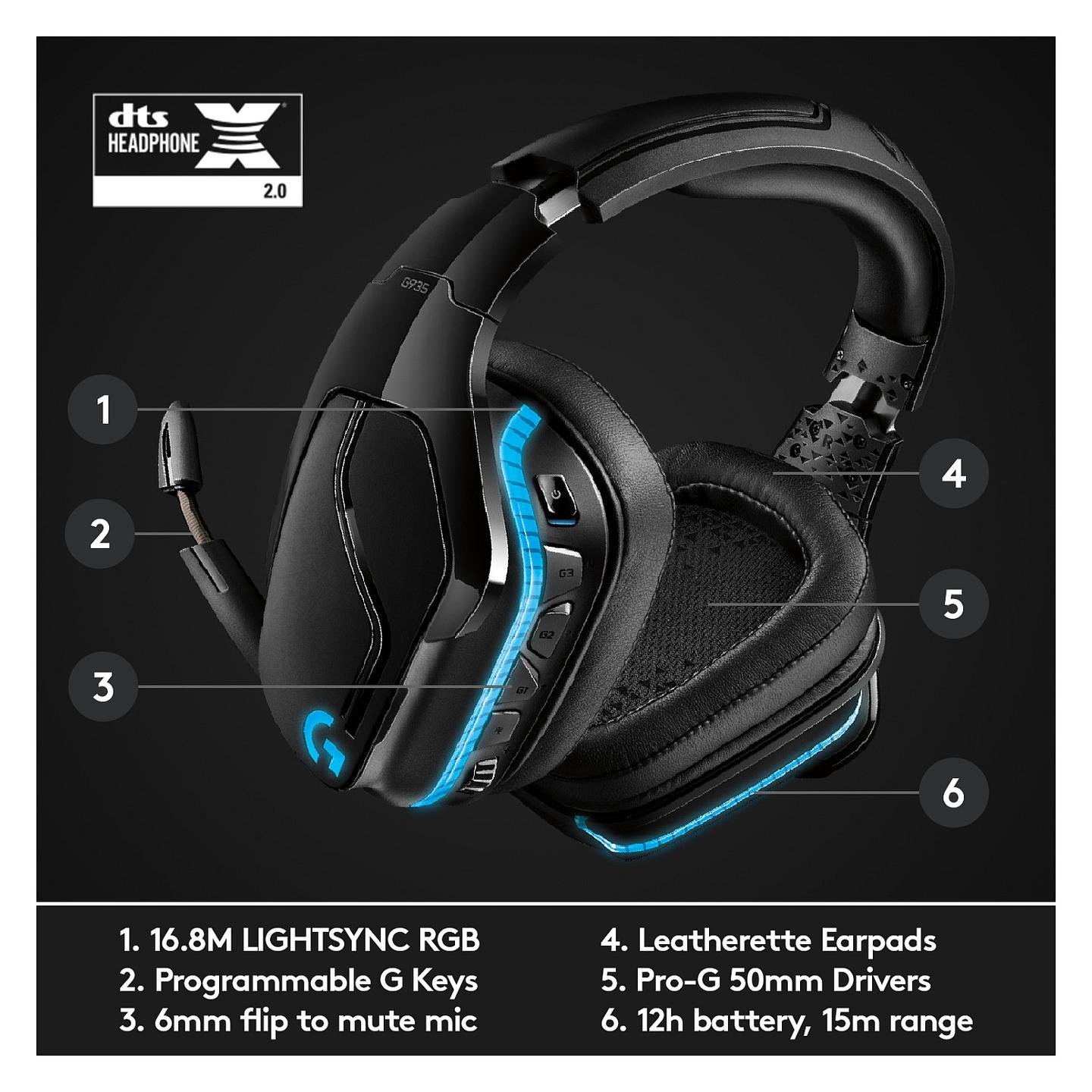 Kufje Gaming Logitech G935 / Wireless / 7.1 Surround / 50 mm / LIGHTSYNC RGB / Mikrofon - Zezë - 14