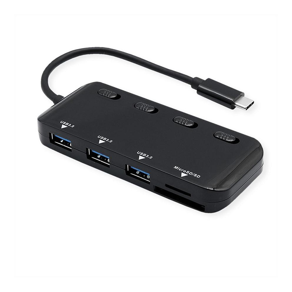 Hub ROLINE 14.02.5059 , 3x USB-A , USB 3.2 Gen 1 , 5Gbps , Lexues MicroSD , Ndërprerës Individual - Zezë