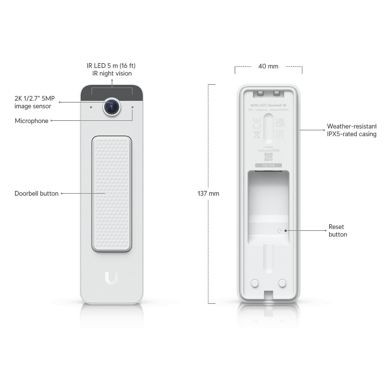 Ubiquiti UniFi Doorbell Lite UVC-Doorbell-Lite-W Video Doorbell / Kamerë IP 5MP / PoE / Two-Way Audio / AI Detection / UniFi Protect – Bardhë - 10