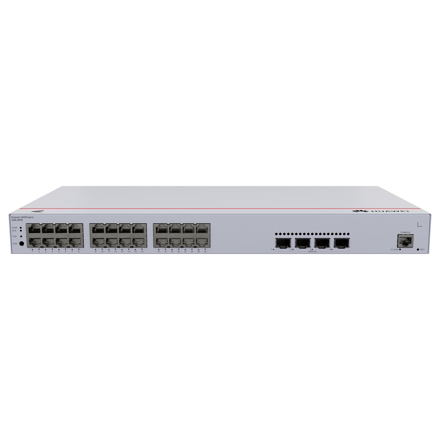 Switch Huawei eKitEngine S220-24P4X, 24x Gigabit Ethernet RJ45 PoE+, 4x 10G SFP+, PoE 400W, 128Gbps, Layer 2 Managed, Rack 1U - Hiri