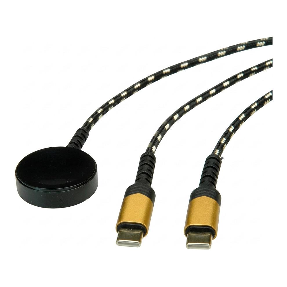Kabllo USB ROLINE 11.02.8343, USB-C në USB-C, 60 W, pad karikimi induktiv 15 W për orë Samsung, 1,2 m - Zezë, e artë