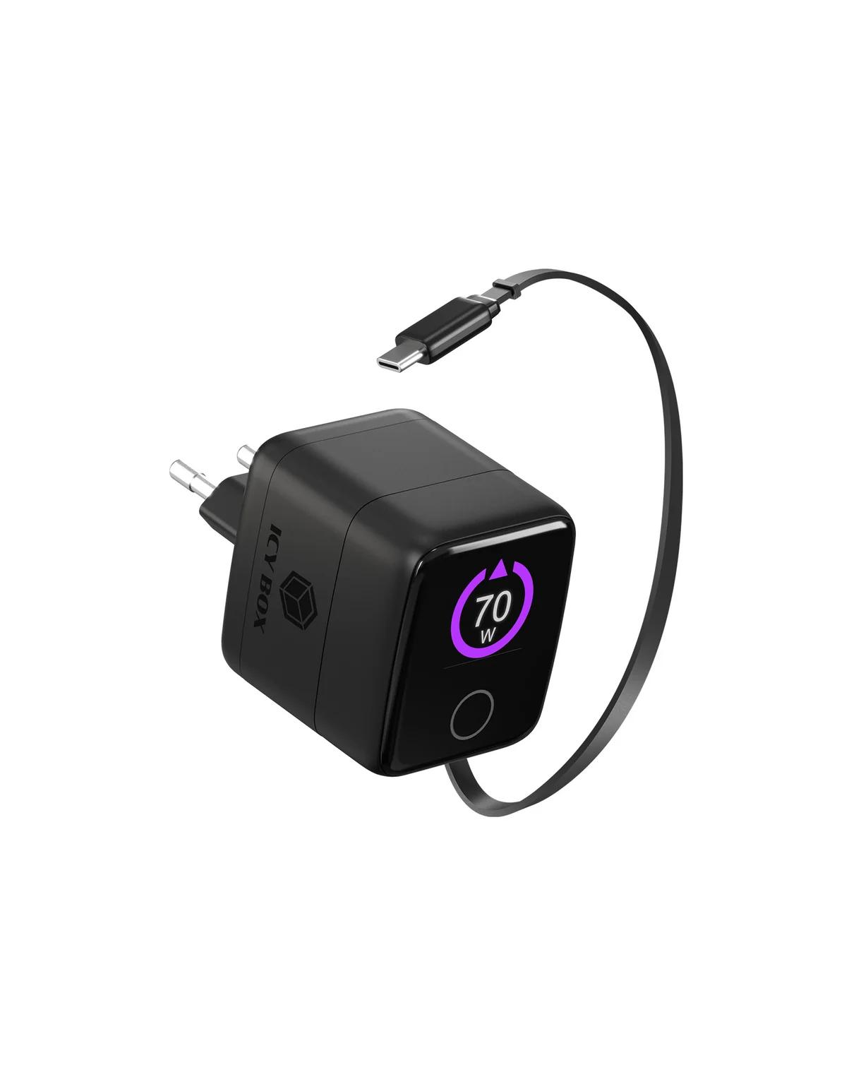 Karikues ICY BOX Club Charger 701, 70W, GaN, 2 × USB-C, 1 × USB-A, Ekran TFT, Kabllo USB-C e Tërheqshme – Zezë