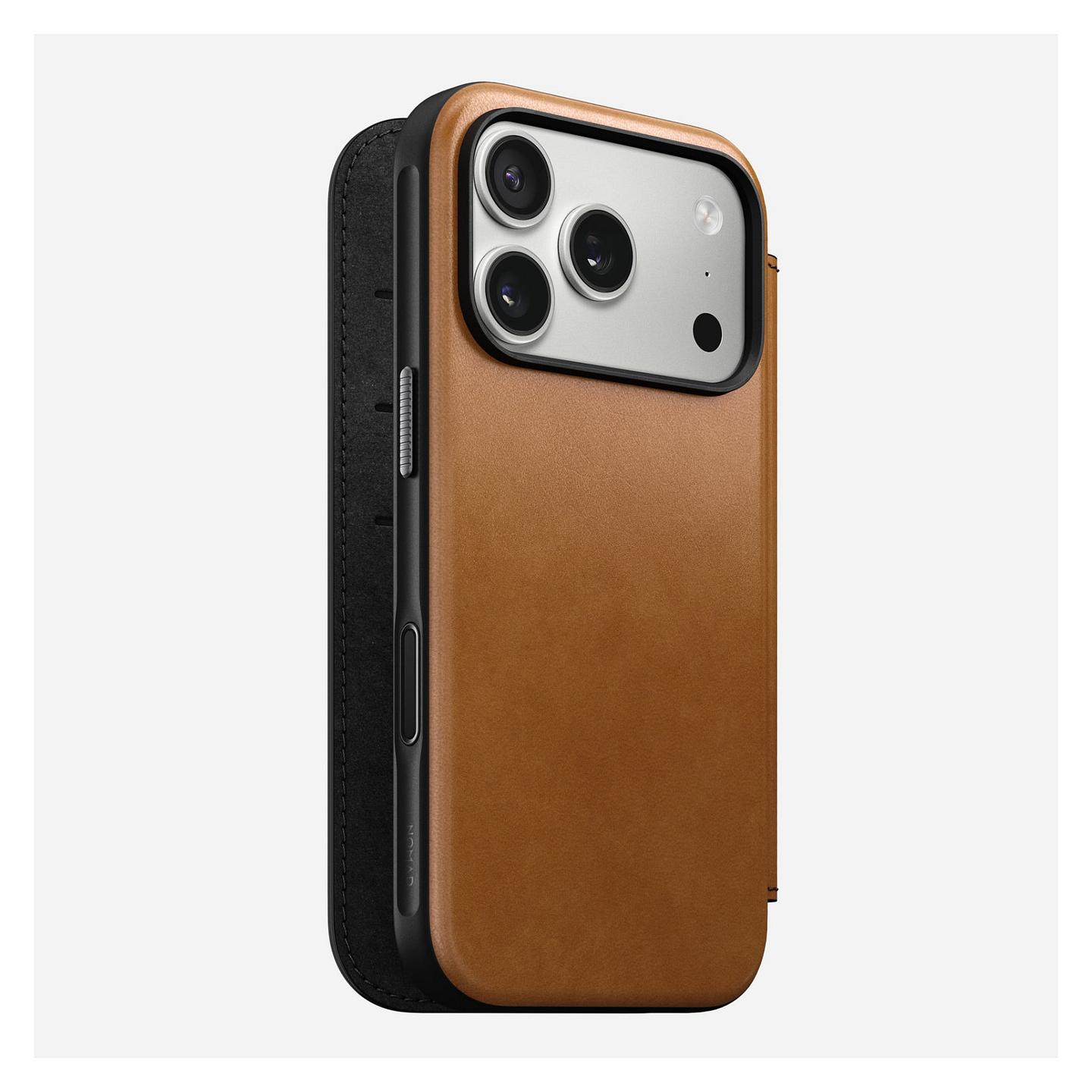 Case për Telefon Nomad Modern Leather Folio, iPhone 17 Pro, Lëkurë, MagSafe, Mbyllje Magnetike, 3 Vende për Karta, Mbrojtje deri 2.4m - Kafe e çelët