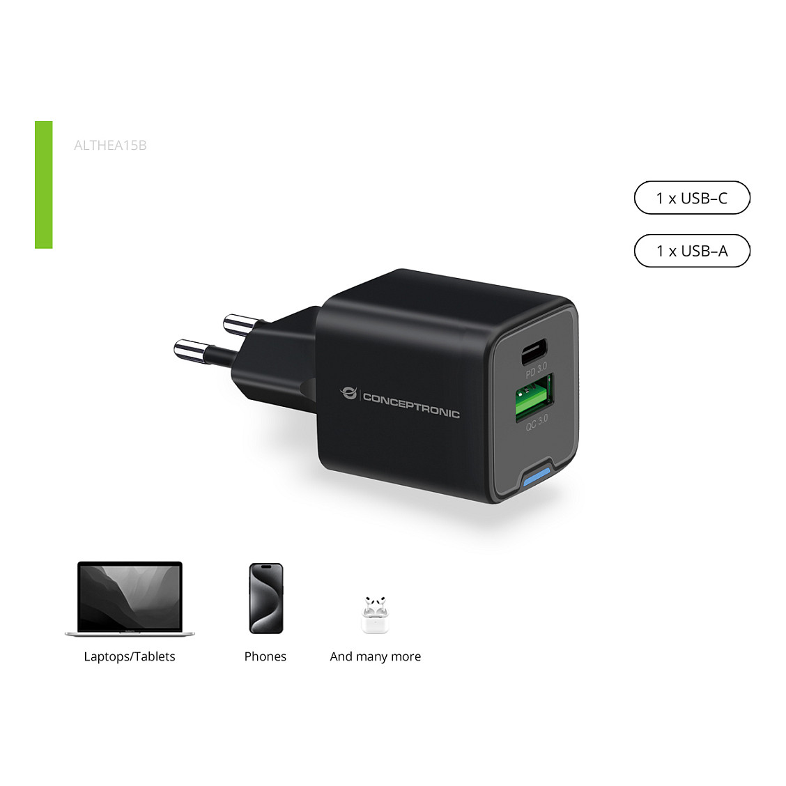 Adapter  Conceptronic 2-Port GaN Charger  USB-C / USB-A / 20W / PD 3.0 / PPS – Zezë - 5