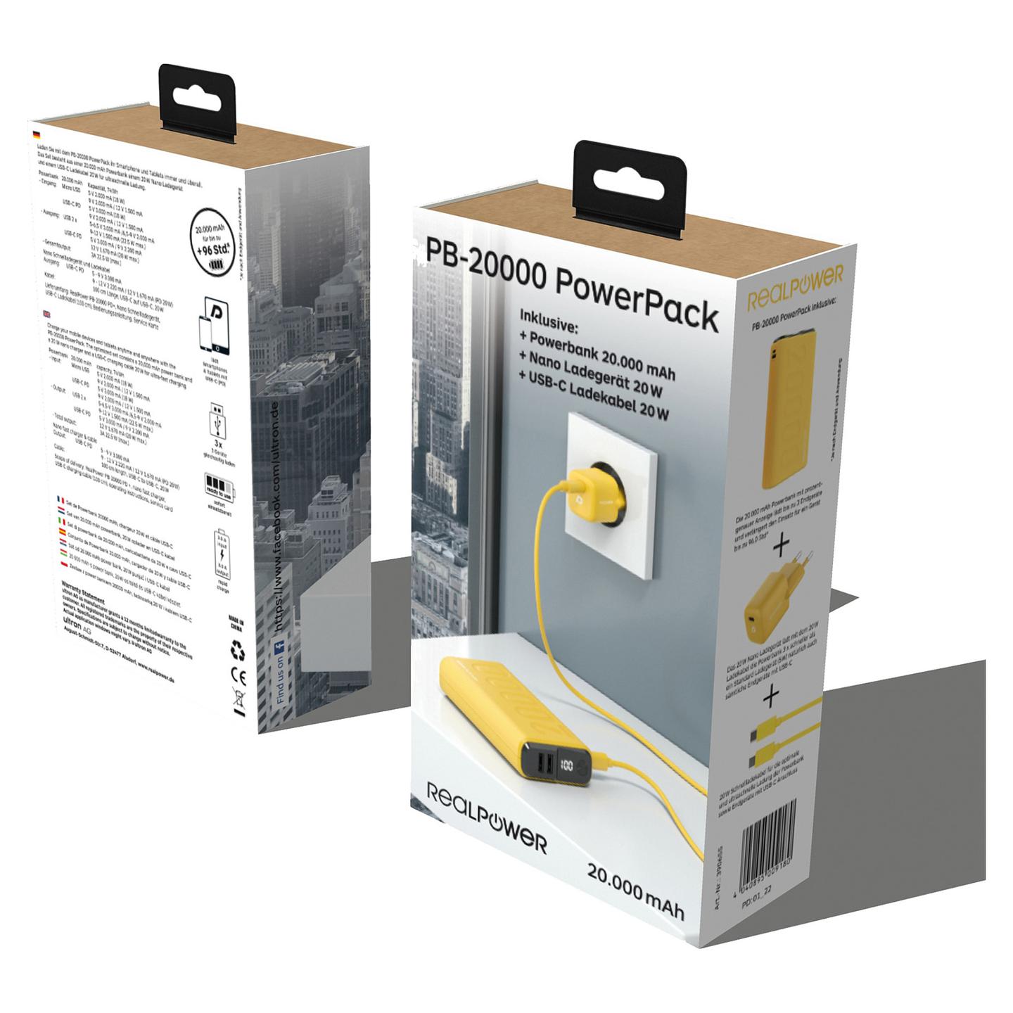 Powerbank Ultron PB-20000 / 20000mAh / 2x USB-A + USB-C – Verdhë - 5