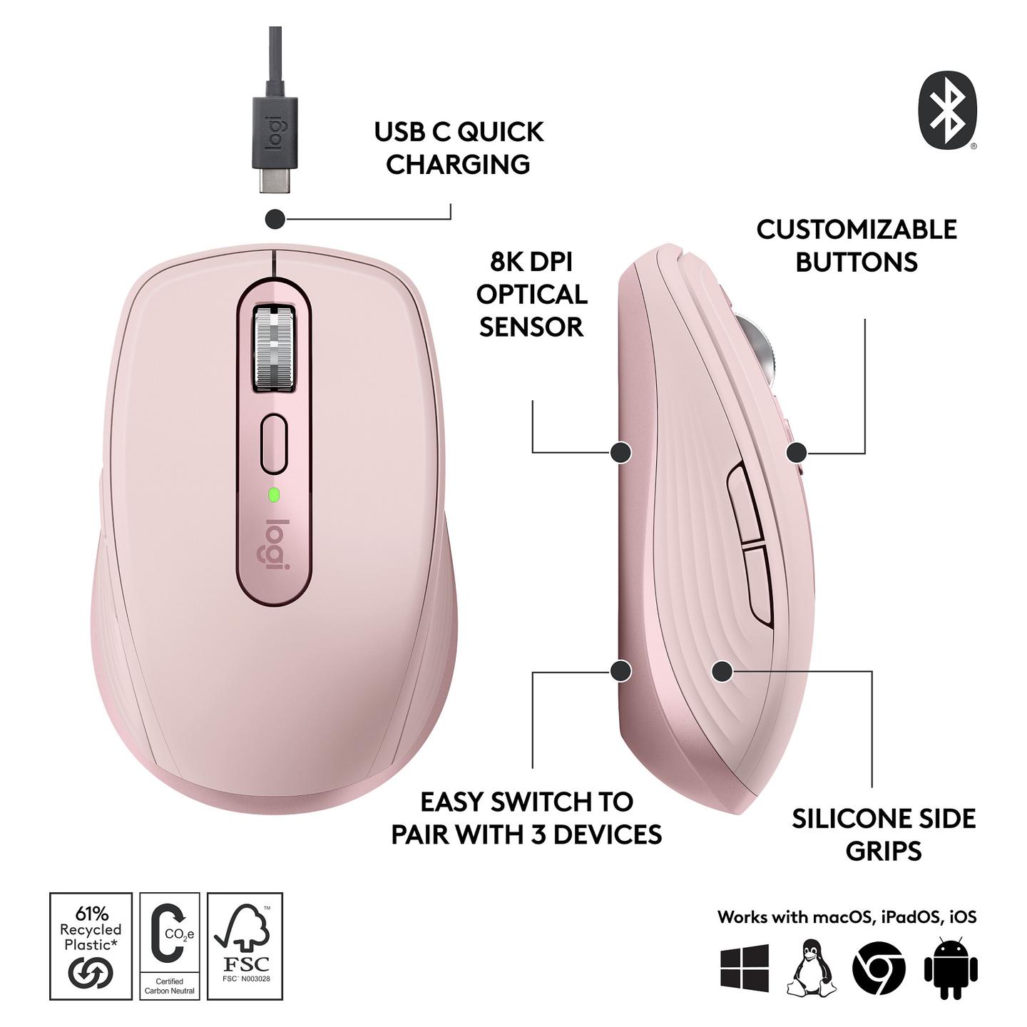 Maus pa Kabllo Logitech MX Anywhere 3S / Optik Darkfield / 8000 DPI / 6 Butona / Bluetooth / 2.4 GHz / Logi Bolt - Rozë - 14