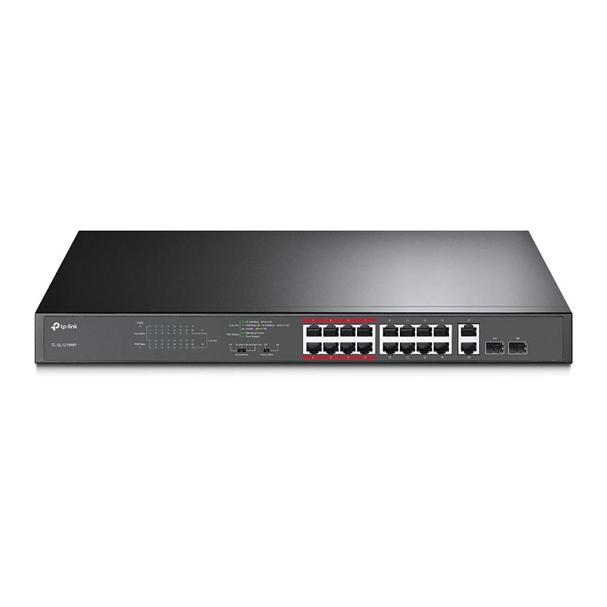 Switch TP-Link TL-SL1218MP, 16x Fast Ethernet PoE+, 2x Gigabit Ethernet, 2x Combo SFP Gigabit, PoE 192W, Unmanaged, Rackmount 1U - Zezë - 1