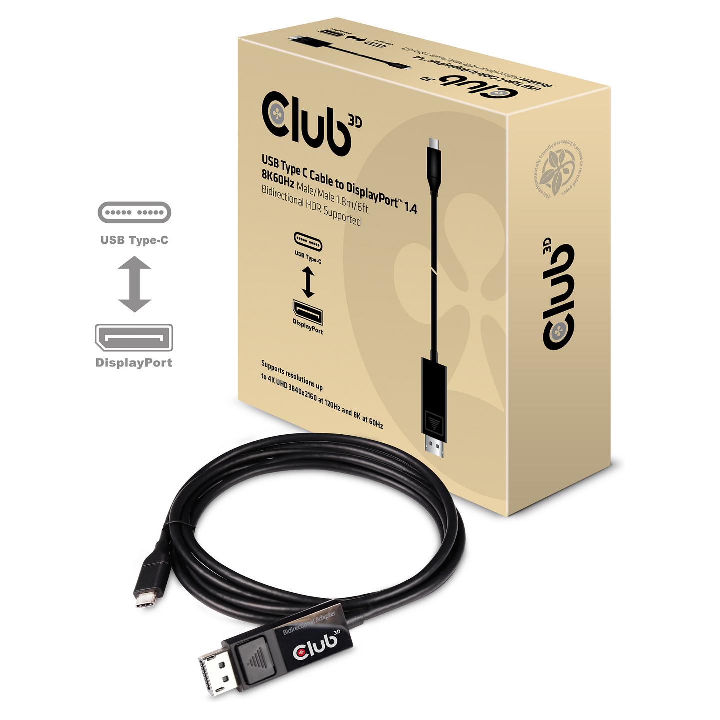 Kabllo DisplayPort Club 3D CAC-1557 / USB-C në DisplayPort / DisplayPort 1.4 / 1.8m / 8K 60Hz / HDR - Zezë - 4