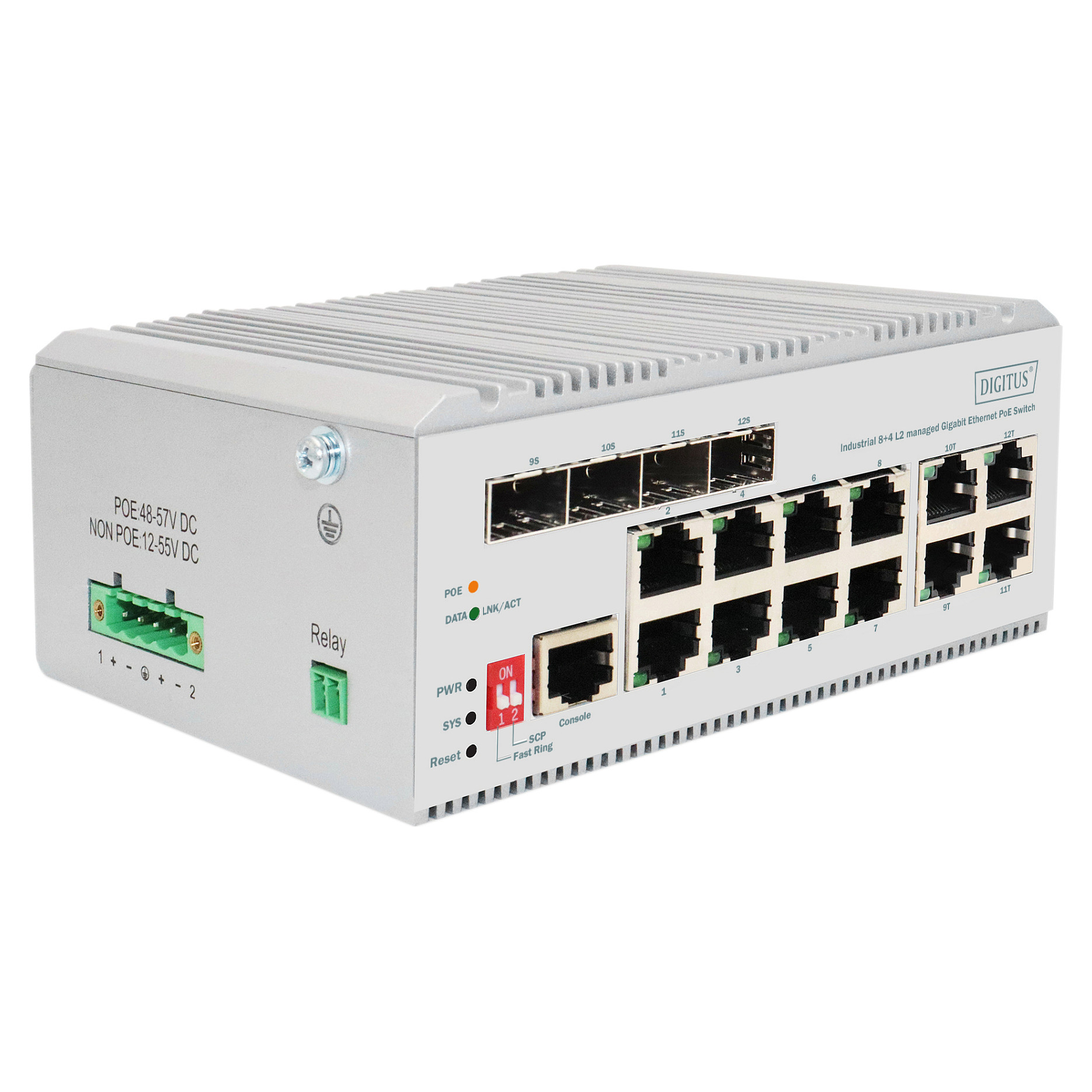 DIGITUS DN-651139 Industrial Managed PoE Switch – 8× Gigabit PoE + 4× SFP Layer 2 Managed Switch - 1
