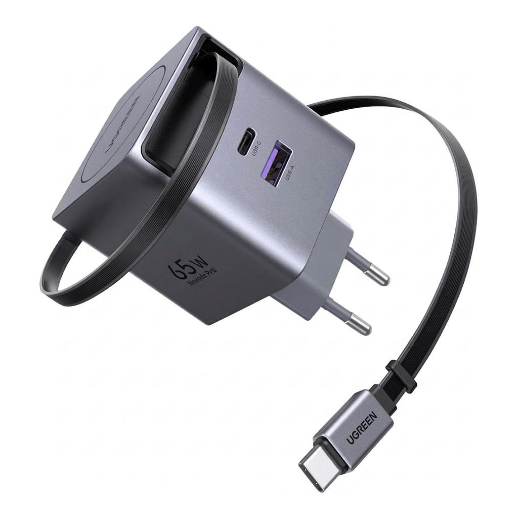 Adapter UGREEN Nexode Pro X615 / 65W / GaN / 1x USB-C PD 65W / 1x USB-A / Retractable USB-C 60W 0.7m / 2-Port – Zezë