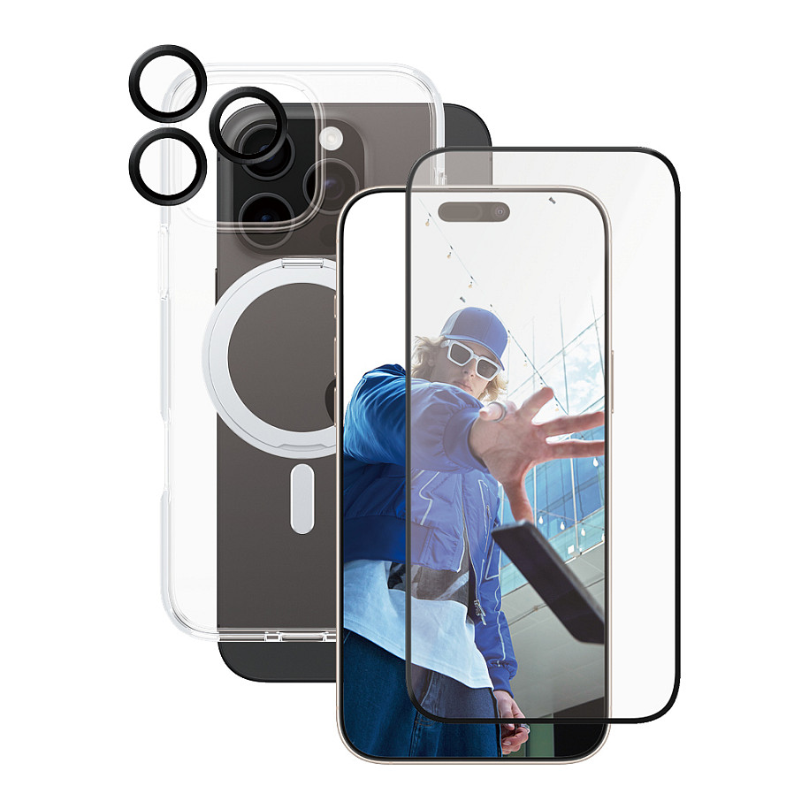 Aksesorë për telefon CARE by PanzerGlass 3-in-1 Ceramic Bundle / Kickstand Case + Ceramic Screen Protector + Ceramic Hoops / iPhone 16 Pro Max  - Transparente