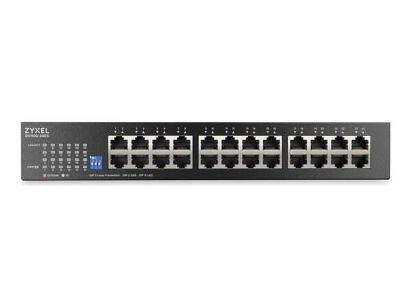 Switch Zyxel GS1100-24ES, 24 porta Gigabit Ethernet RJ45, Switching Capacity 48Gbps, Unmanaged, pa ventilator, montim në rack 1U ose mur - Zezë