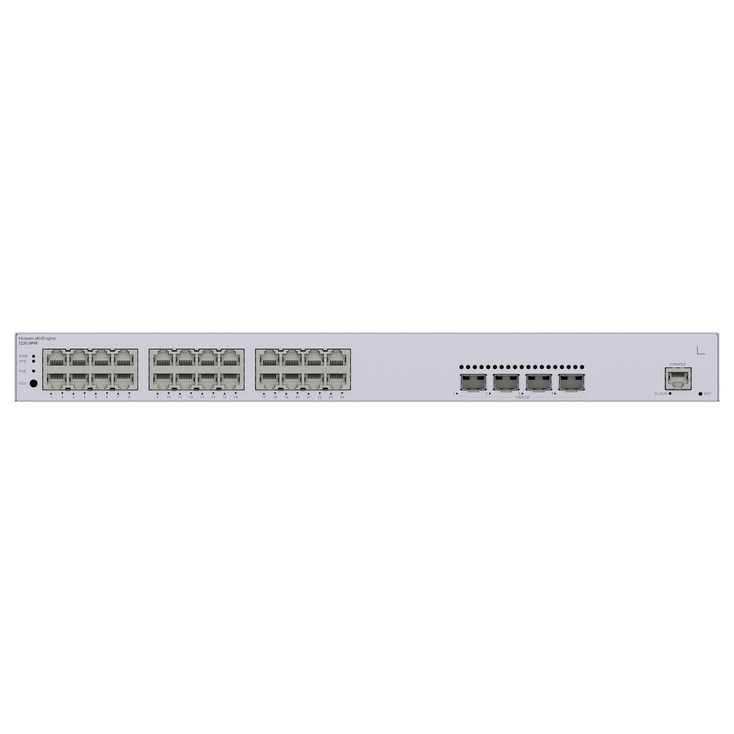 Switch Huawei eKitEngine S220-24P4X, 24x Gigabit Ethernet RJ45 PoE+, 4x 10G SFP+, PoE 400W, 128Gbps, Layer 2 Managed, Rack 1U - Hiri - 2