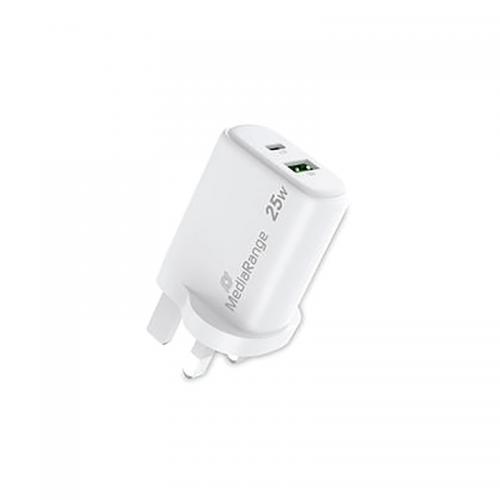 Karikues MediaRange MRMA112-UK / GaN / 25W / USB-C / USB-A / PD 3.0 / QC 3.0 - Bardhë