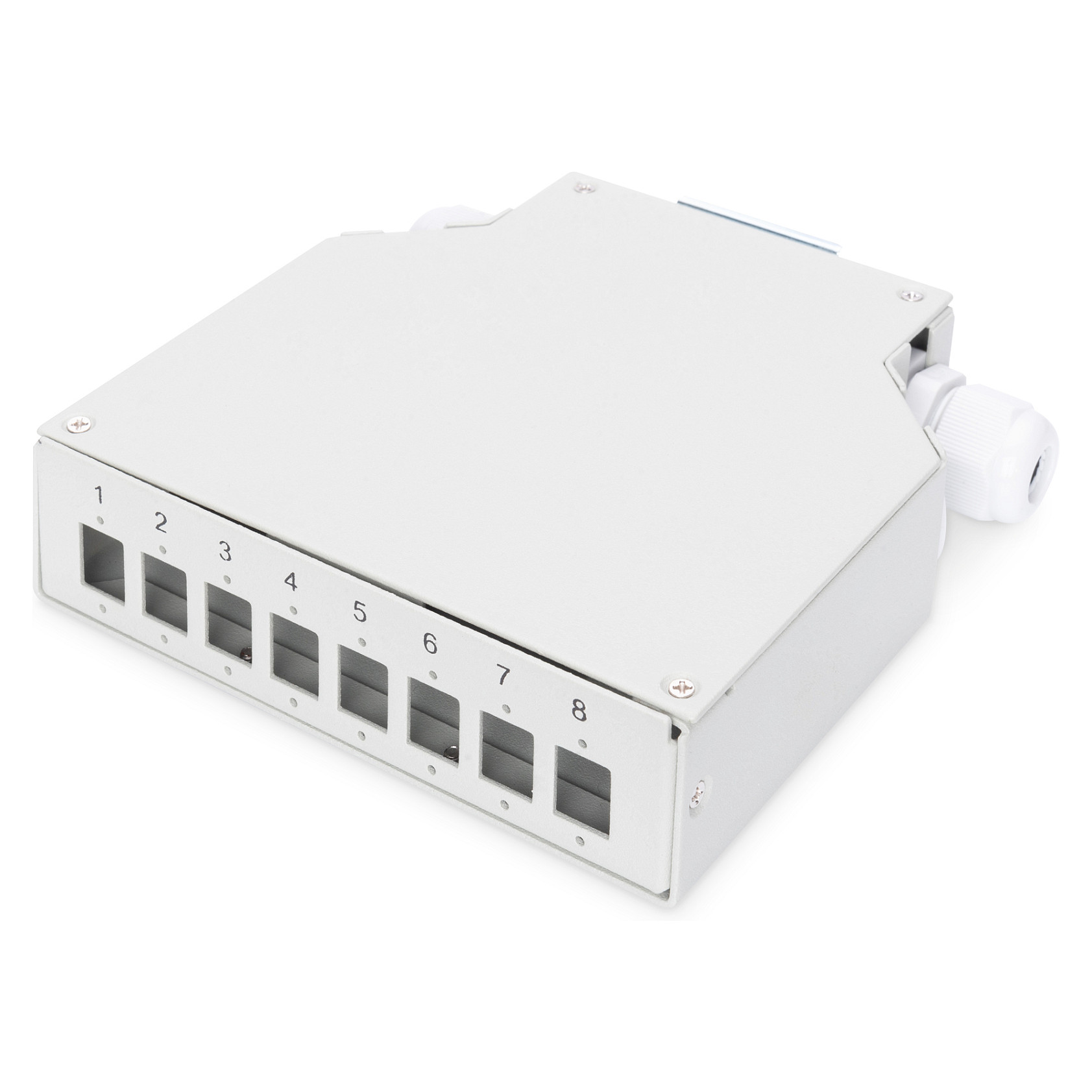 Kuti për Fiber Optike DIGITUS DN-96891 / 8x LC Duplex / Montim DIN / 125 × 130 × 35 mm - Gri